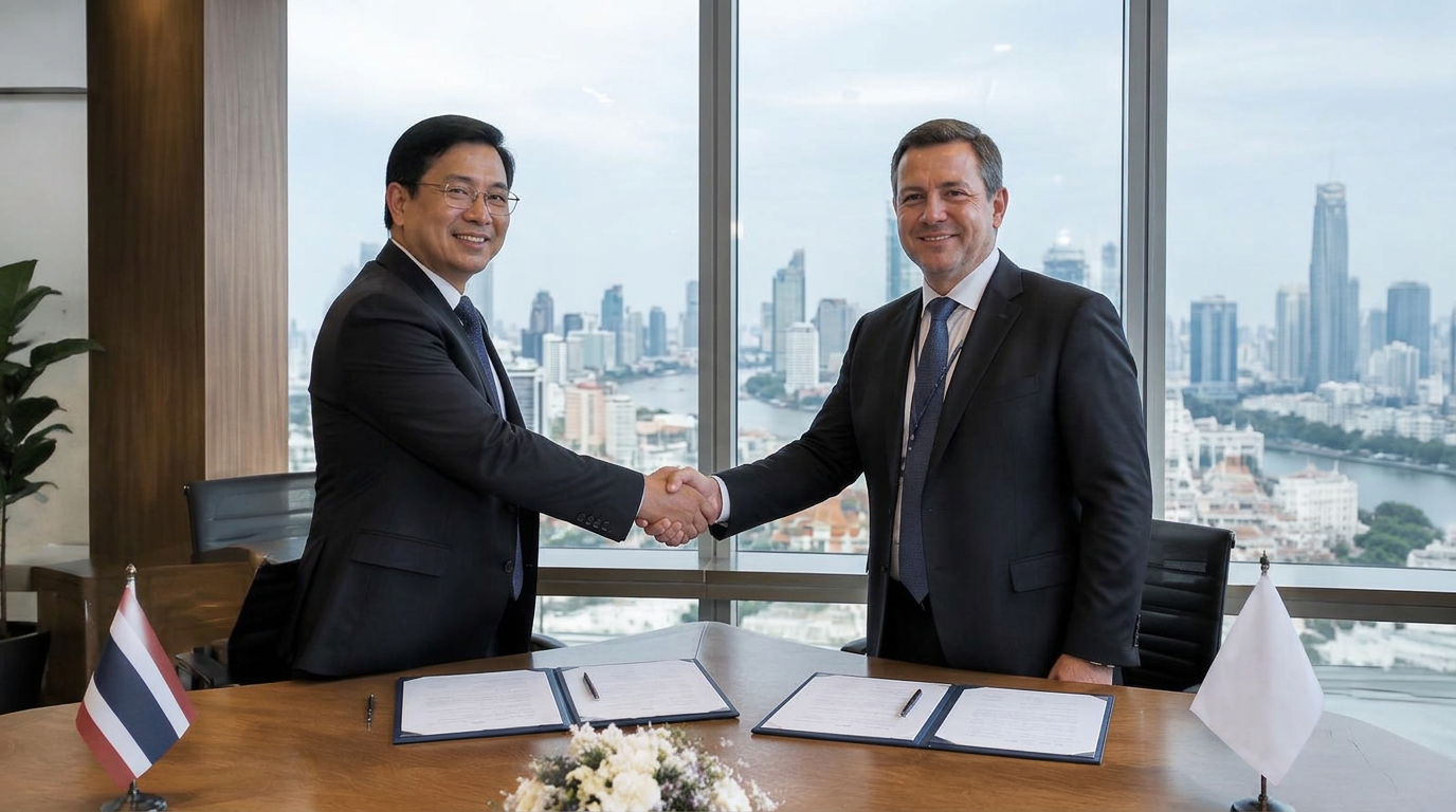 ภาพจำลอง: ผู้แทนสองบริษัทจับมือหลังลงนามสัญญาร่วมทุน