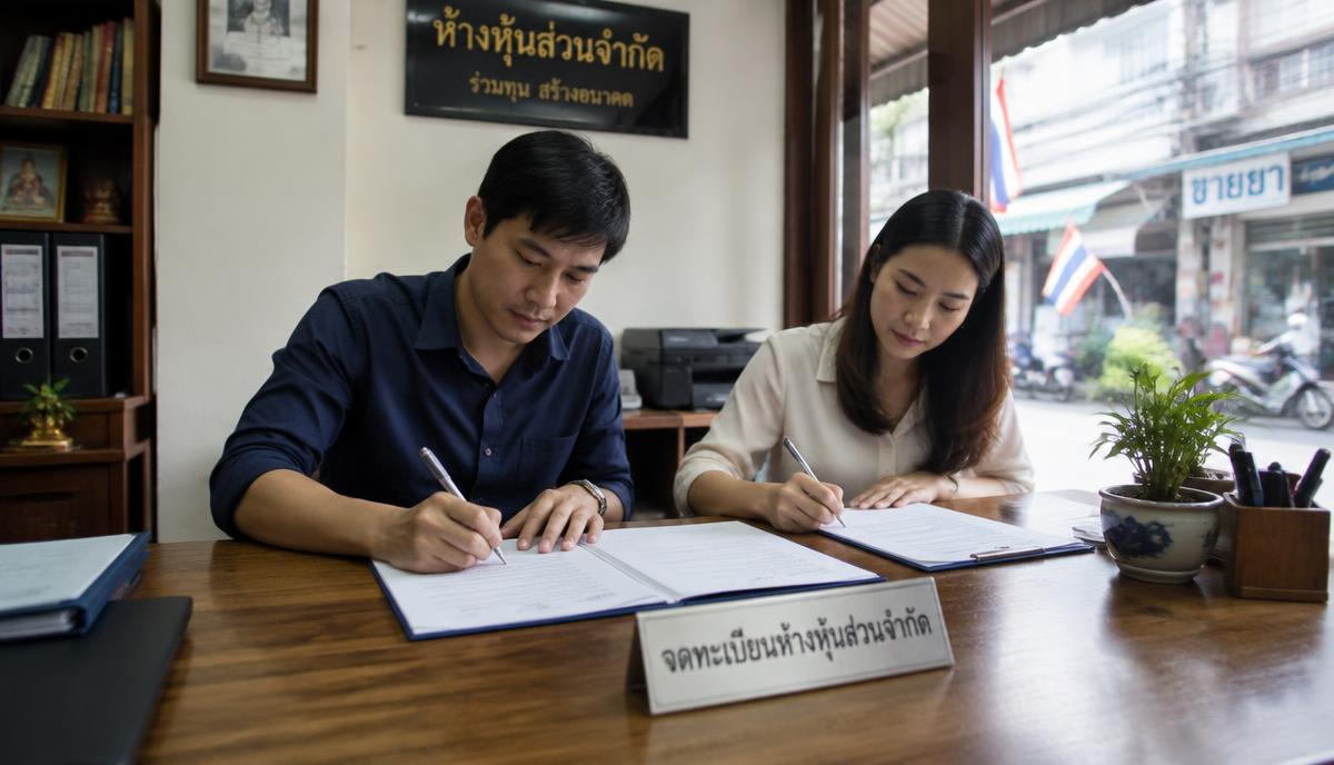 ภาพจำลอง: เจ้าหน้าที่ตรวจเอกสารจดทะเบียนห้างหุ้นส่วนและแฟ้มบัญชีบนโต๊ะ