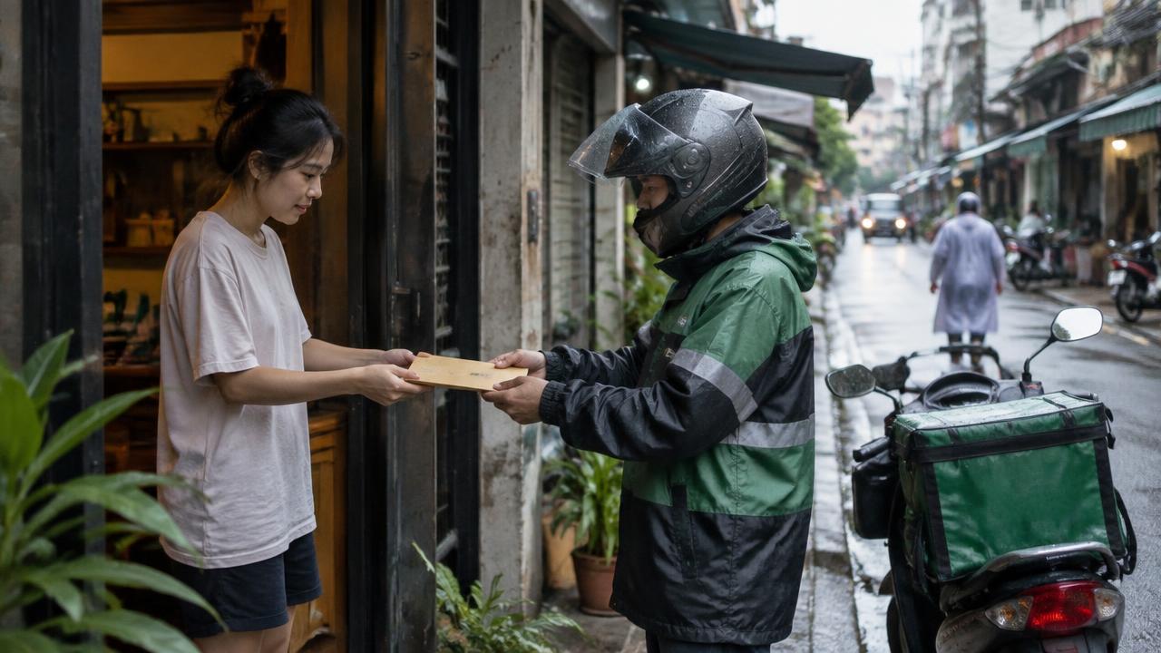 พนักงานส่งเอกสารรับซองเอกสารตรวจประวัติจากลูกค้าในซอยกรุงเทพฯ (Courier collecting a background check document envelope in a Bangkok soi)