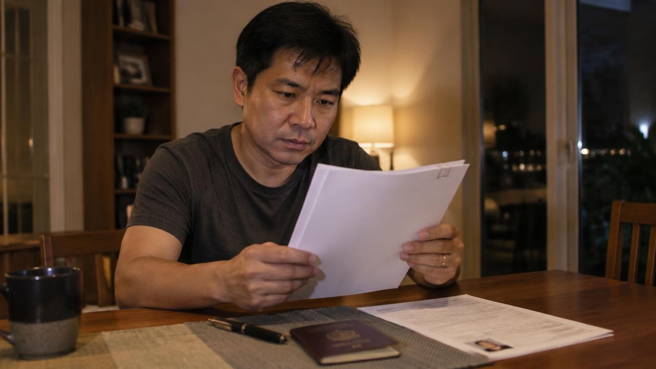 ผู้สมัครอ่านเอกสารคดีก่อนกรอกแบบฟอร์มวีซ่า ภาพประกอบ ไม่ใช่เอกสารจริงของลูกค้า (Reviewing court papers and a passport before a visa form, illustrative only)