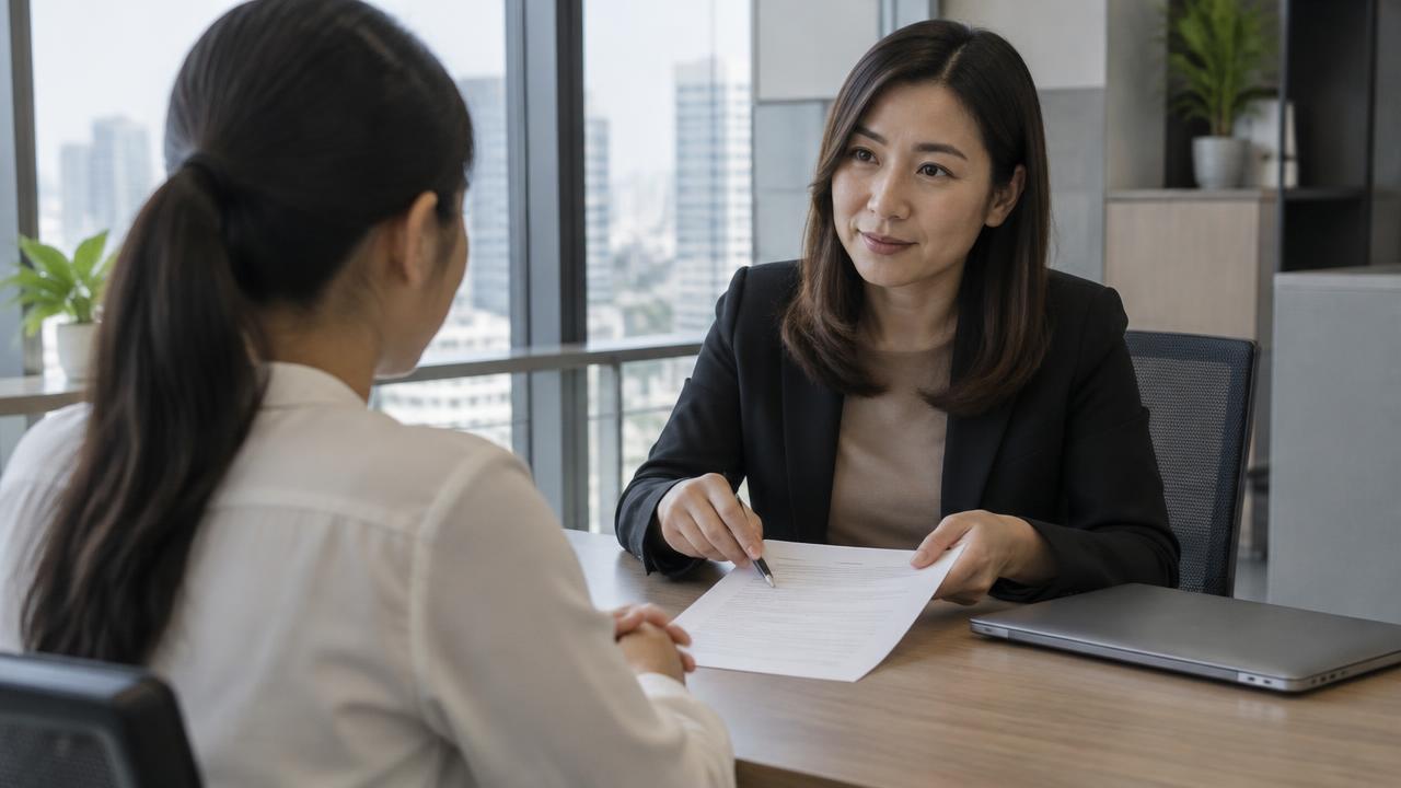 ผู้จัดการอธิบายแบบความยินยอมตรวจประวัติให้ผู้สมัครงาน ภาพประกอบ ไม่ใช่บุคคลจริง (Manager explaining a background-check consent form to an applicant, illustrative only)