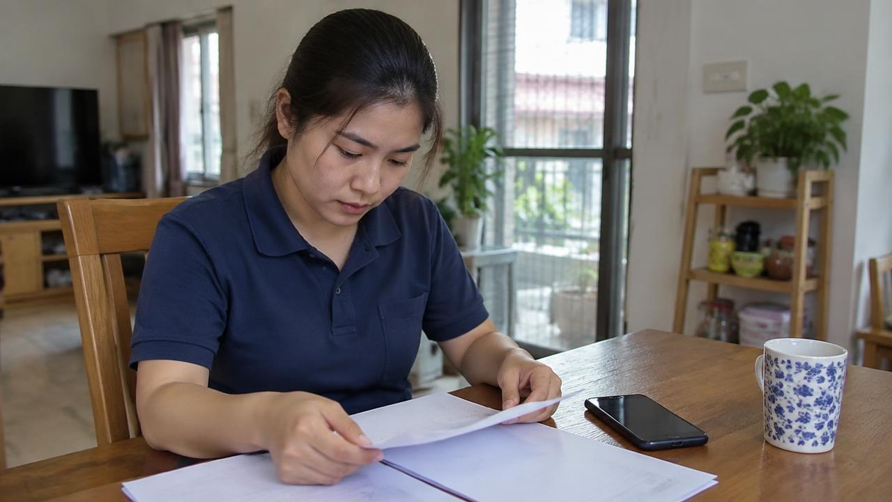 ผู้สมัครงานค้าปลีกจัดเอกสารที่โต๊ะบ้าน ภาพประกอบจำลอง ไม่ใช่ลูกค้าจริงหรือสถานที่ยืนยันในคลองสาน (Illustrative retail applicant organising employment papers at home; not a real client or verified Khlong San location)