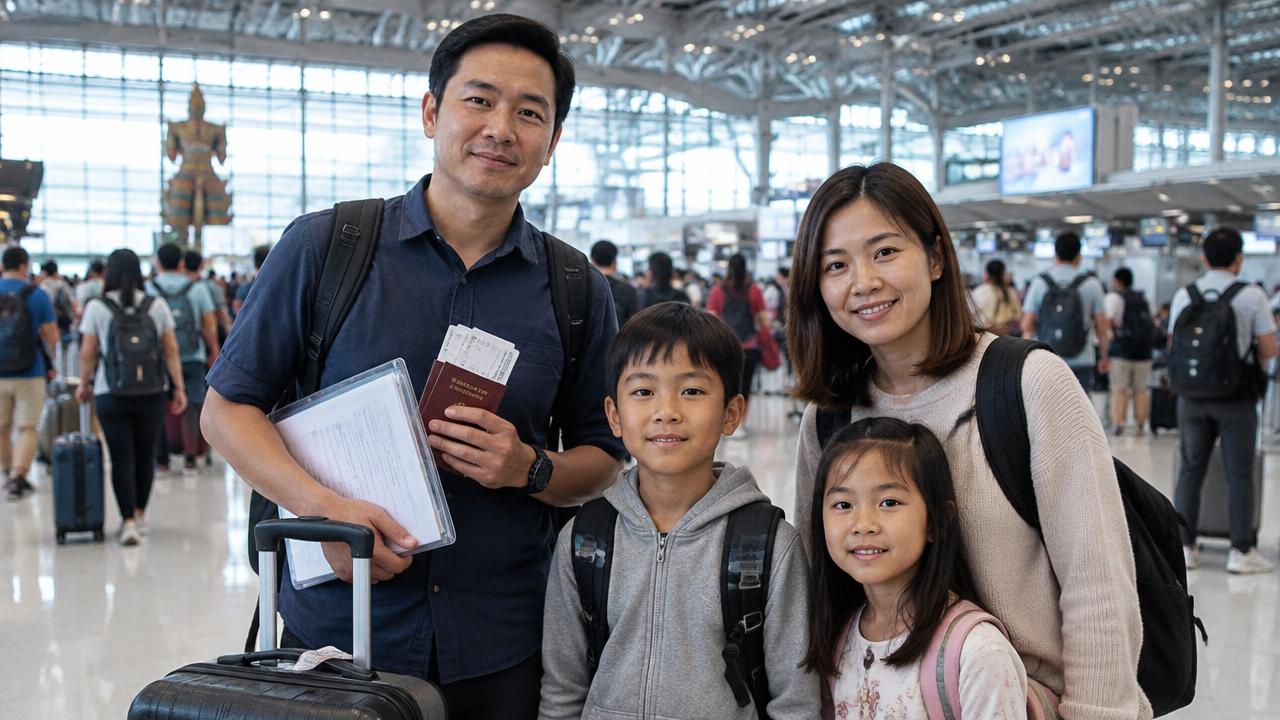 ครอบครัวคนไทยที่สนามบินพร้อมแฟ้มเอกสารย้ายถิ่นฐาน (Thai family at the airport carrying migration documents)