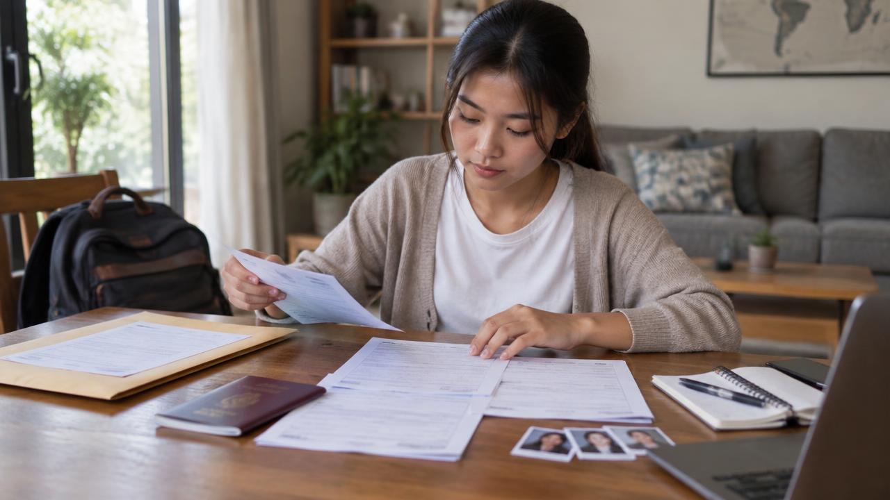 นักศึกษาไทยจัดเตรียมเอกสารขอวีซ่านักเรียนพร้อมหนังสือเดินทาง (Thai student preparing student visa paperwork with passport)