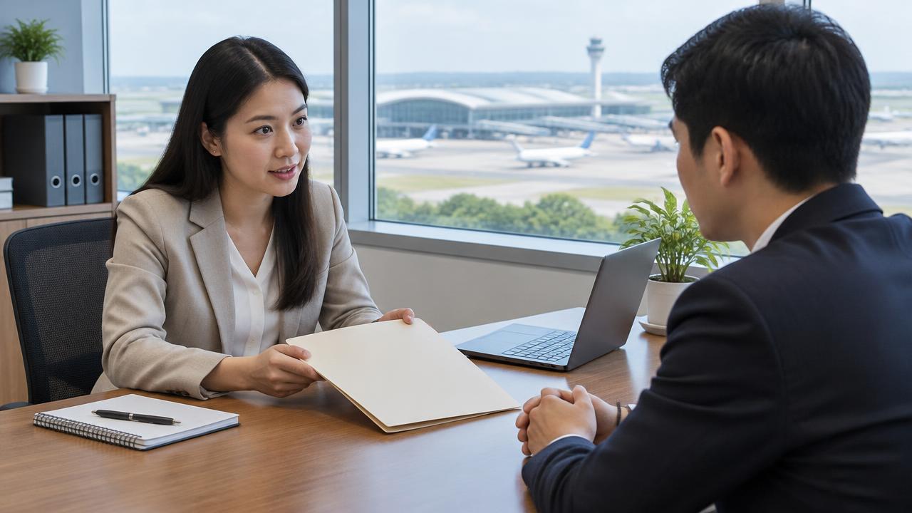 ภาพจำลองการคุยแฟ้มสมัครงานการบินในสำนักงานเอกชน ไม่ใช่สนามบินที่ให้บริการหรือการออกบัตรจริง (Illustrative aviation recruitment discussion at a private office, not an actual airport service location or pass issuance)