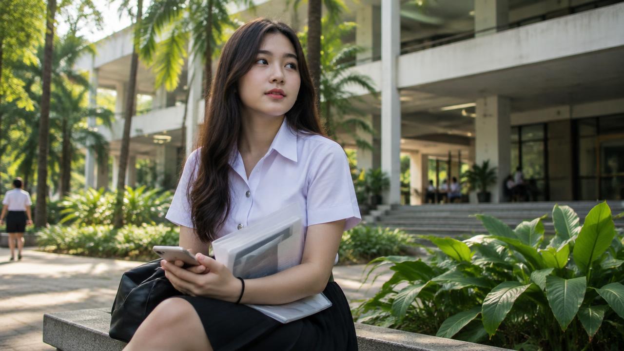 ภาพจำลองนักศึกษาถือซองเอกสารและโทรศัพท์หน้าอาคารมหาวิทยาลัย ไม่ใช่บุคคลหรือเอกสารของลูกค้าจริง (Illustrative university student holding a document sleeve and phone outside a campus building, not an actual client)