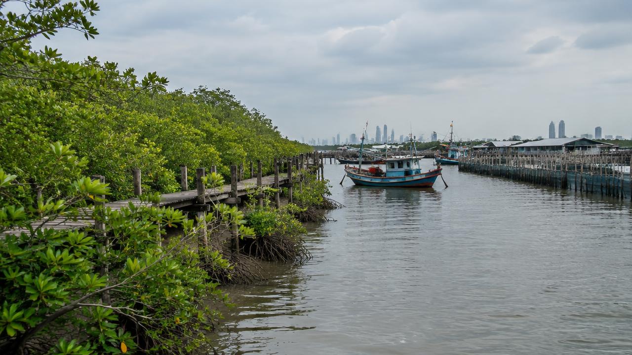 ภาพจำลองป่าชายเลนและทางเดินไม้ริมทะเลบางขุนเทียน มีเรือประมงจอดอยู่ ไม่ใช่สถานที่ของลูกค้าจริง (Illustrative mangrove coast and wooden walkway at the edge of Bangkok with fishing boats, not an actual client location)