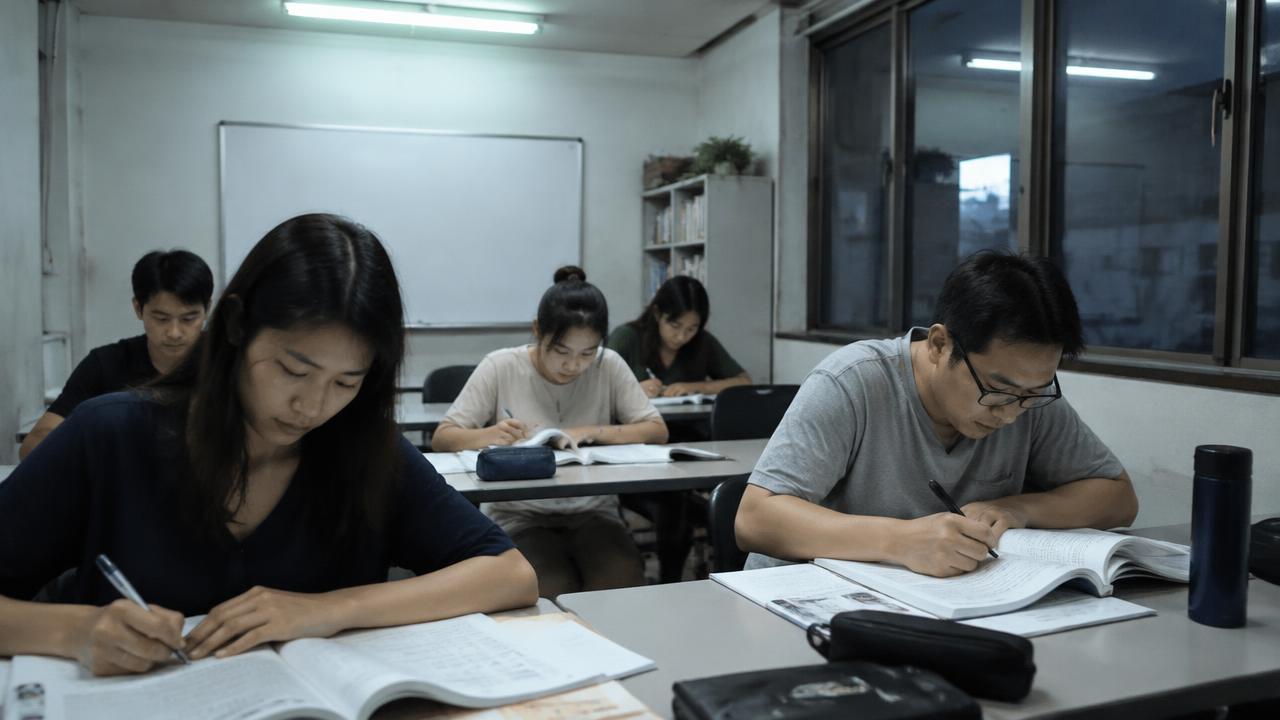 ภาพจำลองผู้ใหญ่กำลังอ่านหนังสือเตรียมสอบในห้องติวขนาดเล็กตอนกลางคืน ไม่ใช่สถานที่หรือบุคคลของลูกค้าจริง (Illustrative adults studying exam prep books in a small tutoring room at night, not actual clients)