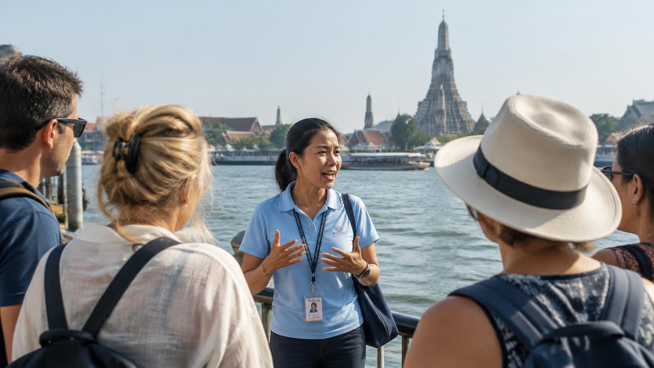 ภาพจำลองมัคคุเทศก์อธิบายให้นักท่องเที่ยวฟังริมแม่น้ำเจ้าพระยา มีพระปรางค์อยู่ด้านหลัง ไม่ใช่บุคคลของลูกค้าจริง (Illustrative tour guide talking to tourists beside the Chao Phraya with a temple spire behind, not actual clients)