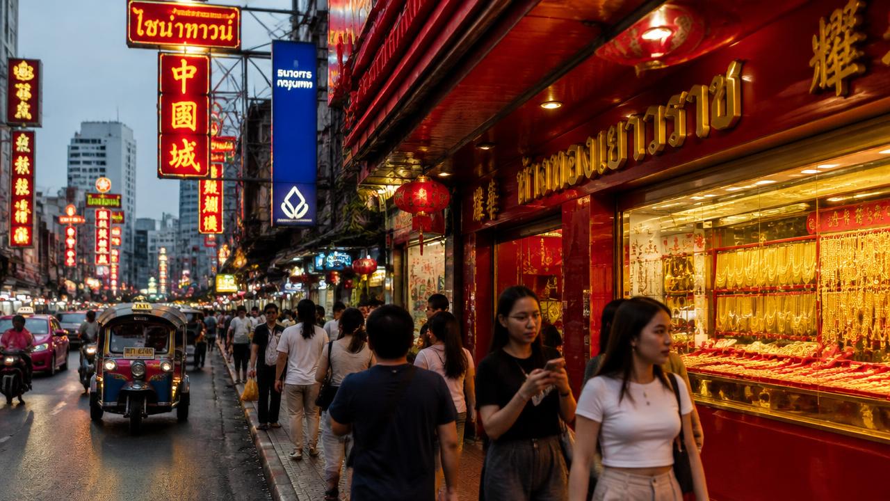 ภาพจำลองถนนย่านไชน่าทาวน์กรุงเทพฯ ยามเย็น มีหน้าร้านทองและผู้คนเดินผ่าน ไม่ใช่ร้านหรือบุคคลของลูกค้าจริง (Illustrative Bangkok Chinatown street at dusk with gold shop windows and pedestrians, not an actual client shop)