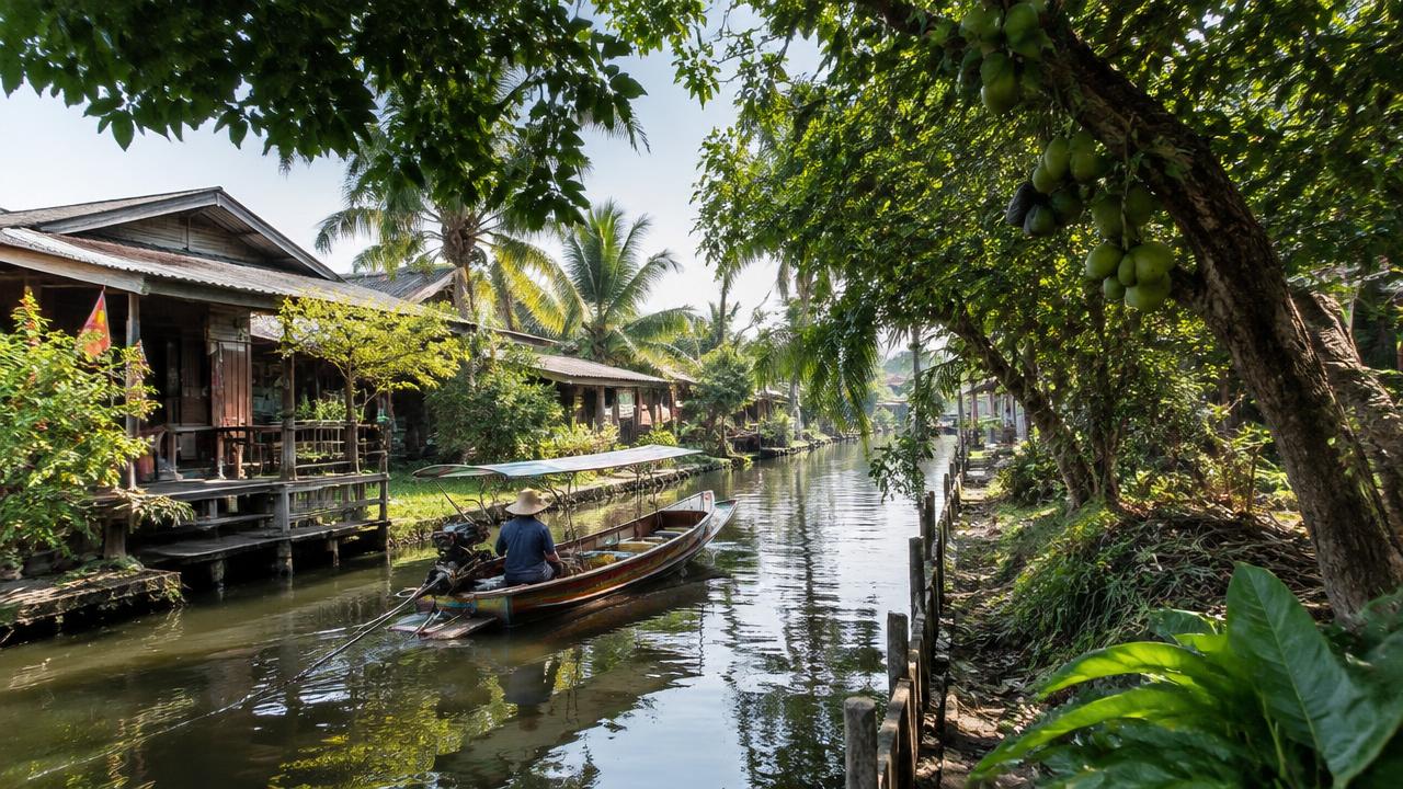 ภาพจำลองชุมชนริมคลองฝั่งตะวันตกของกรุงเทพฯ มีบ้านไม้ สวนผลไม้ และเรือหางยาว ไม่ใช่สถานที่ของลูกค้าจริง (Illustrative canal-side community in western Bangkok with wooden houses, orchard trees and a long-tail boat, not an actual client location)