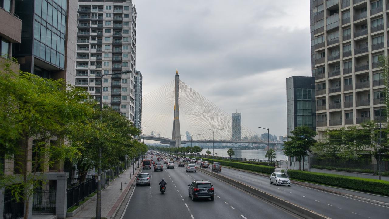 ภาพจำลองถนนริมแม่น้ำเจ้าพระยาในกรุงเทพฯ มีคอนโด อาคารสำนักงาน และสะพานขึงในระยะไกล ไม่ใช่สถานที่ของลูกค้าจริง (Illustrative Bangkok riverside road with condos, offices and a cable-stayed bridge in the distance, not an actual client location)